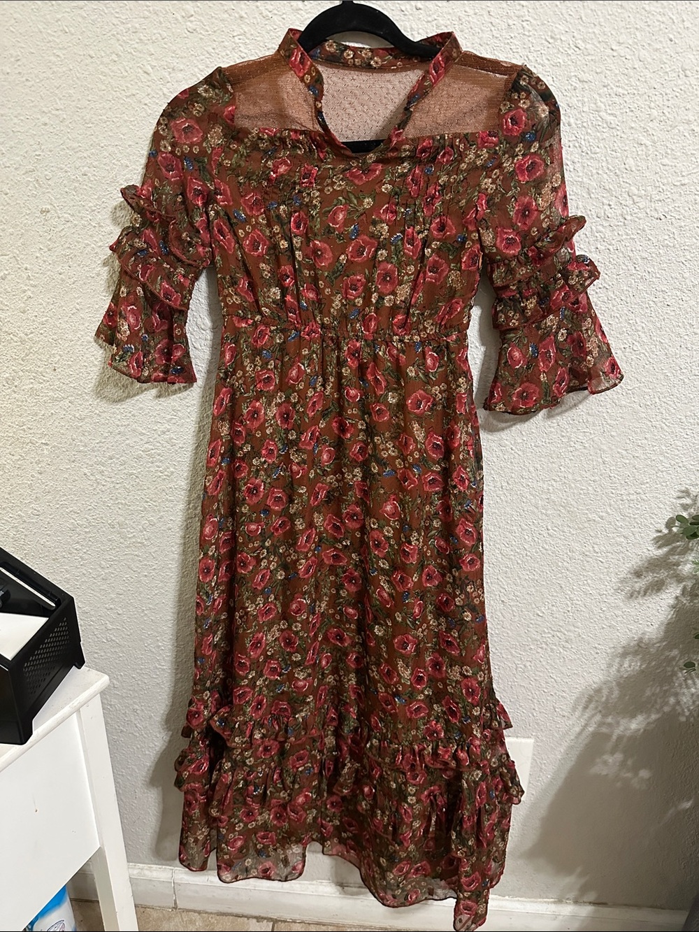 Girls' Olive Floral Midi Dress with Rose Accents